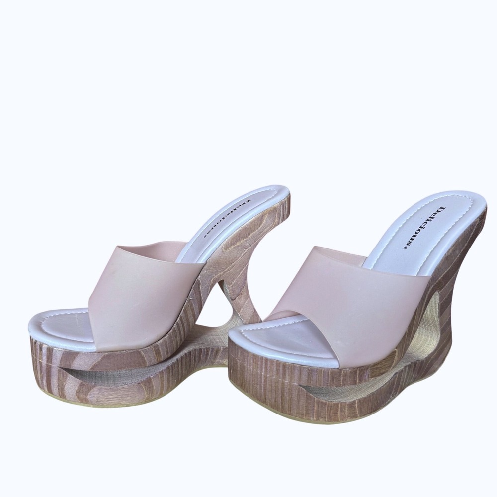 Lilac Wood Cutout Platform Wedge Slide Sandals Sz 8 90s Y2K Vintage Retro Artsy